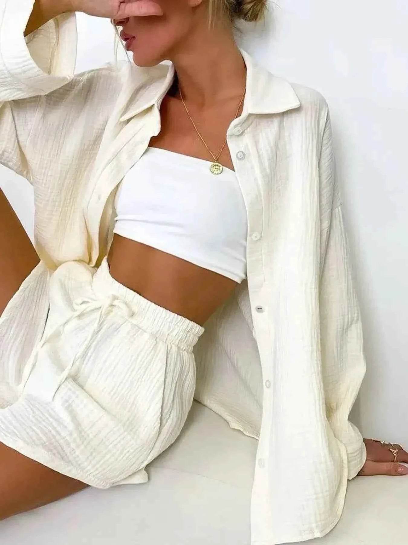 Texture Button Up Shirt and Shorts Set - EBYNN