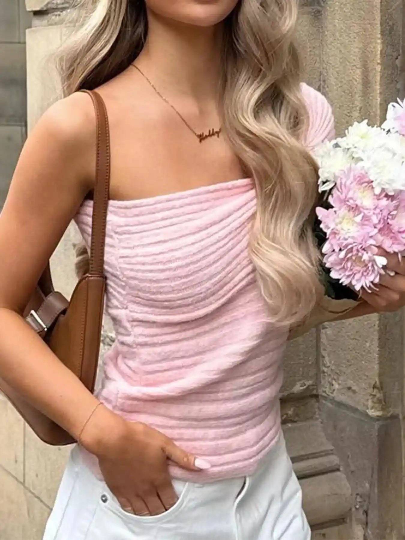 One Shoulder Ribbed Knit Sweater.