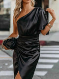 One-Shoulder Satin Wrap Dress with Side Slit.