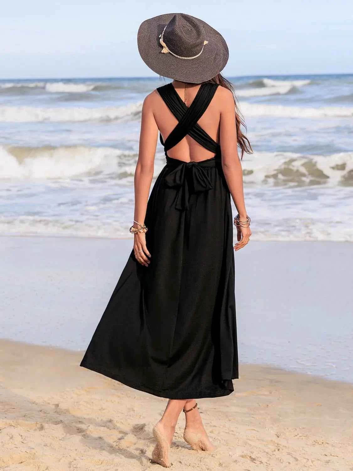 Ruched Surplice Sleeveless Midi Dress.