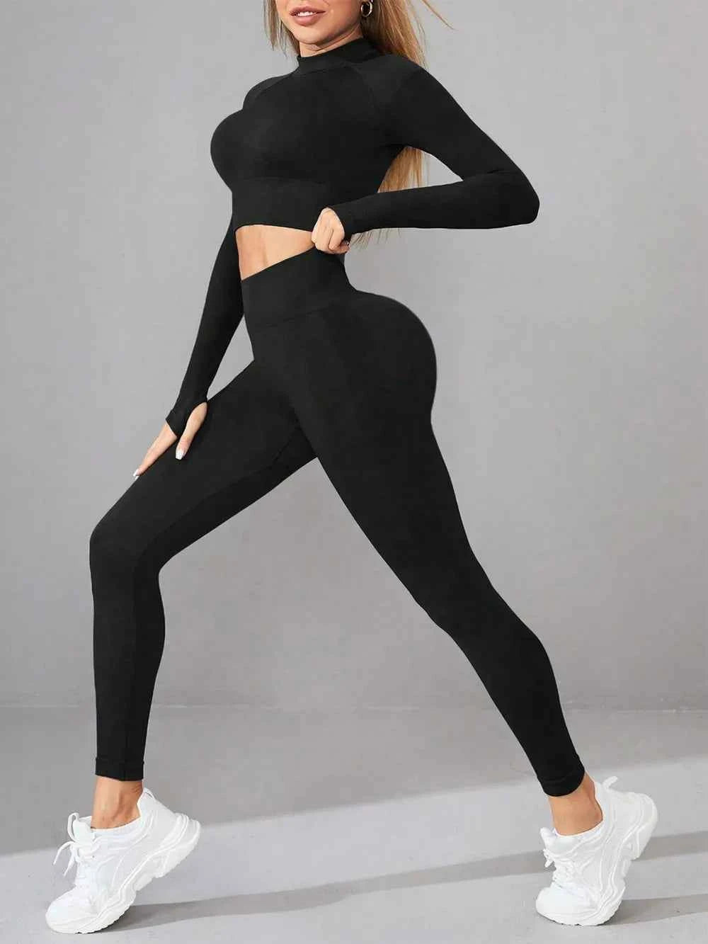 Mock Neck Long Sleeve Top and Leggings Active Set.