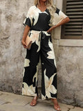 Printed V-Neck Top and Wide Leg Pants Set - EBYNN