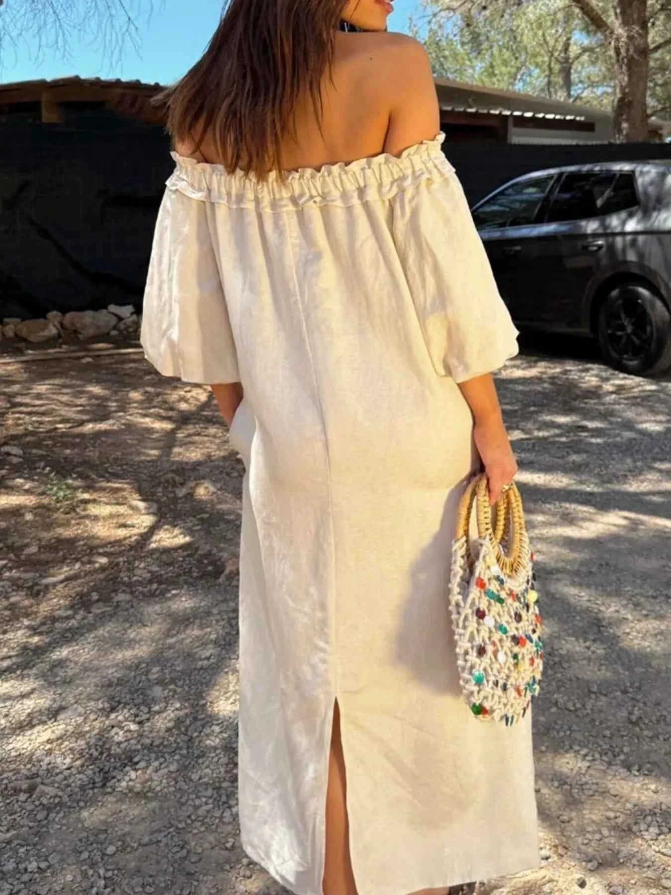 Frill Printed Off-Shoulder Dress.