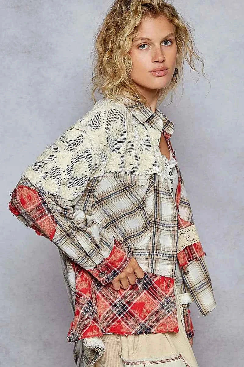 Lace Trim Patchwork Plaid Oversized Shirt.