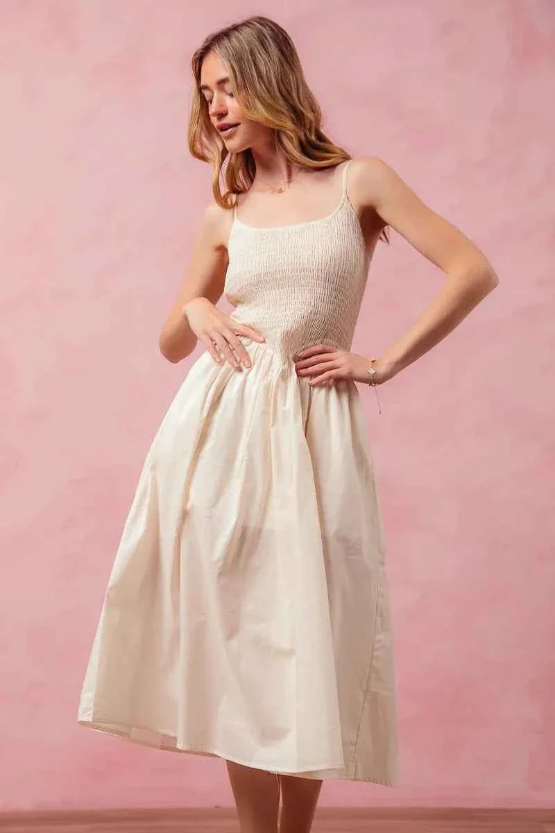 SO ME Smocked Sleeveless Midi Dress with Slit.