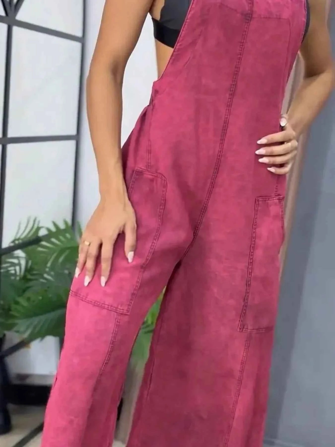 Plus Size Wide Leg Washed Denim Overalls.