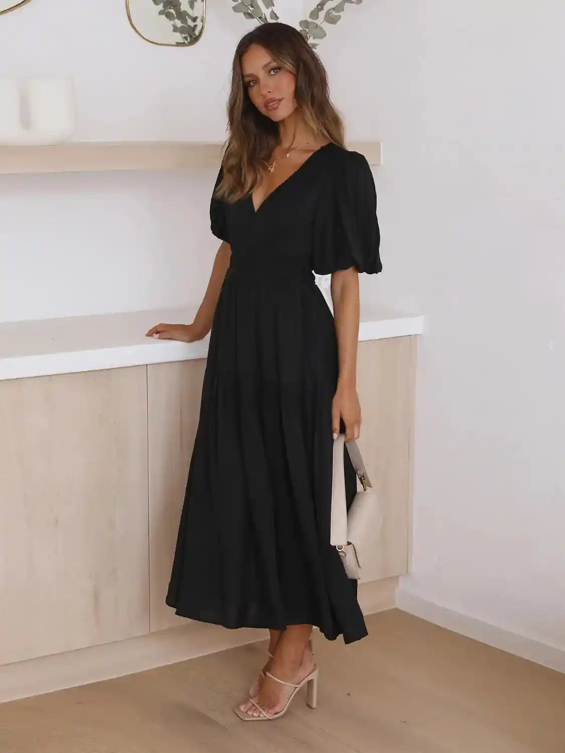 Tiered Surplice Half Sleeve Midi Dress.