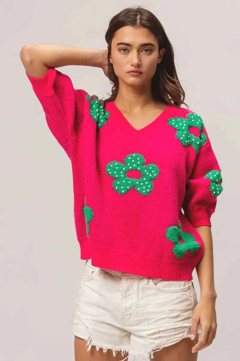 BiBi Pearl Beads Flowers Sweater Top.