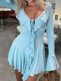 Ruffle V-Neck Flounce Sleeve Mini Dress.