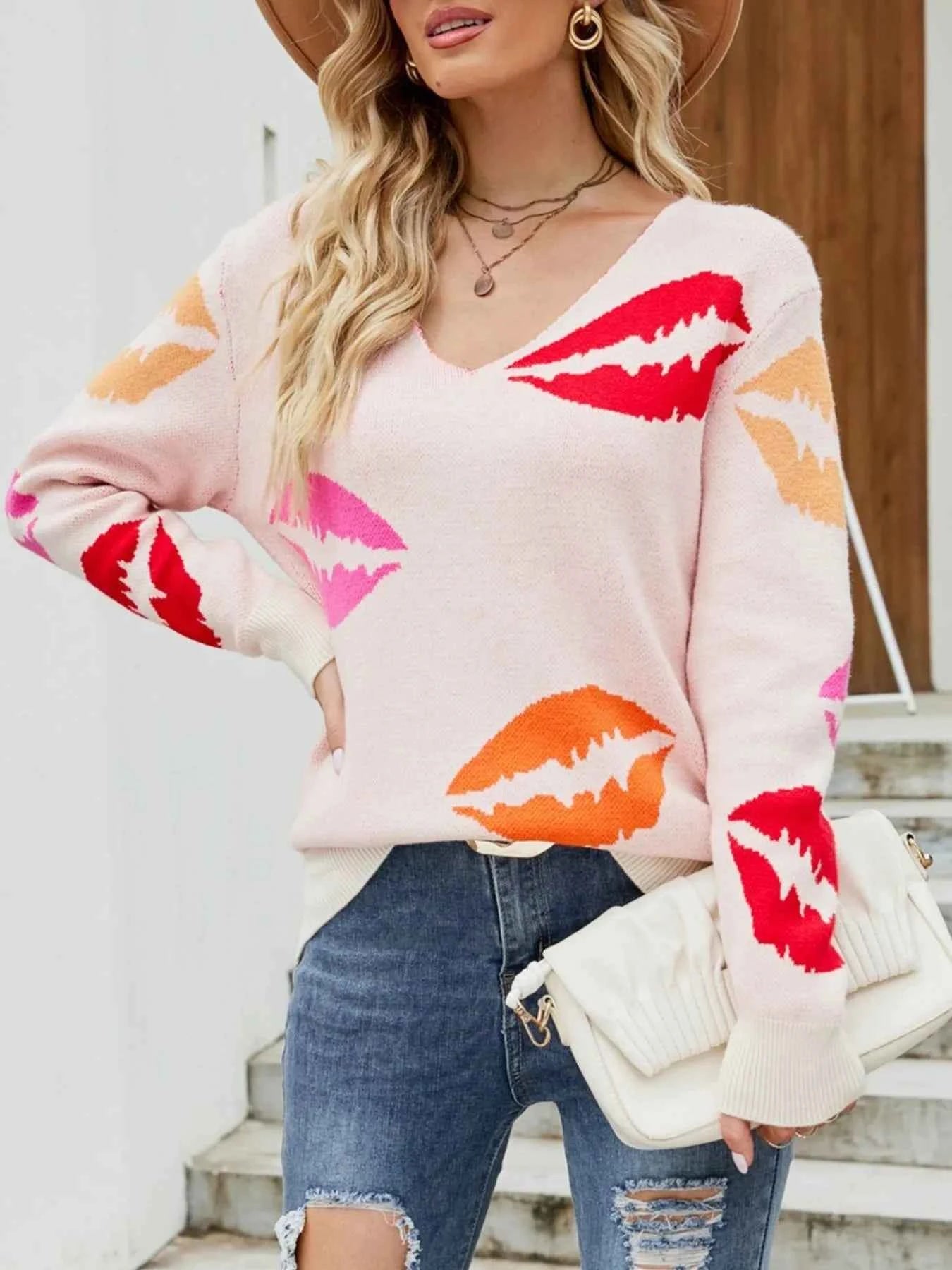 Colorful Lips V-Neck Sweater.