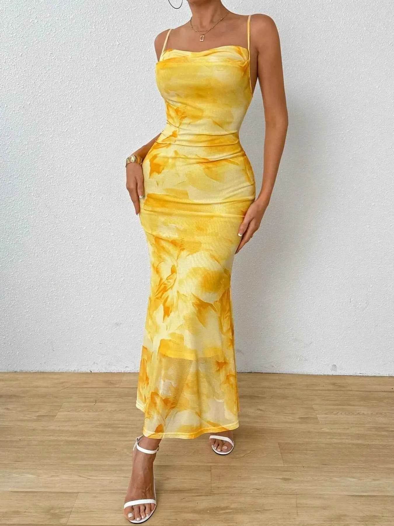 Tie-Dye Ruched Bodycon Mesh Cami Maxi Dress.