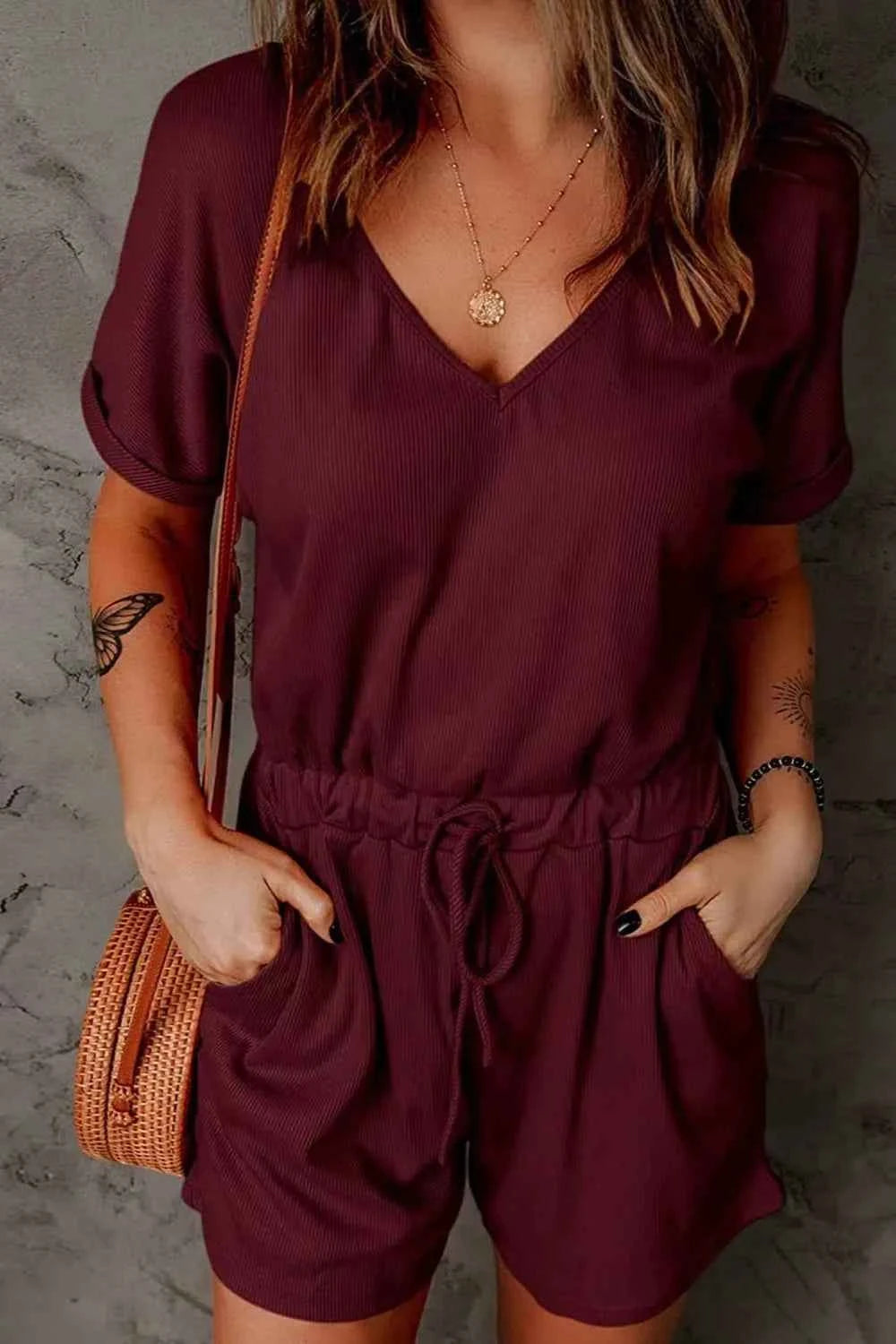 Full Size Drawstring V-Neck Short Sleeve Romper.
