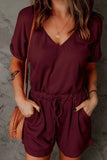 Full Size Drawstring V-Neck Short Sleeve Romper.