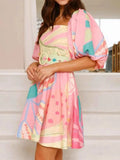 Colorful Print Belted Mini Dress with Puff Sleeves.