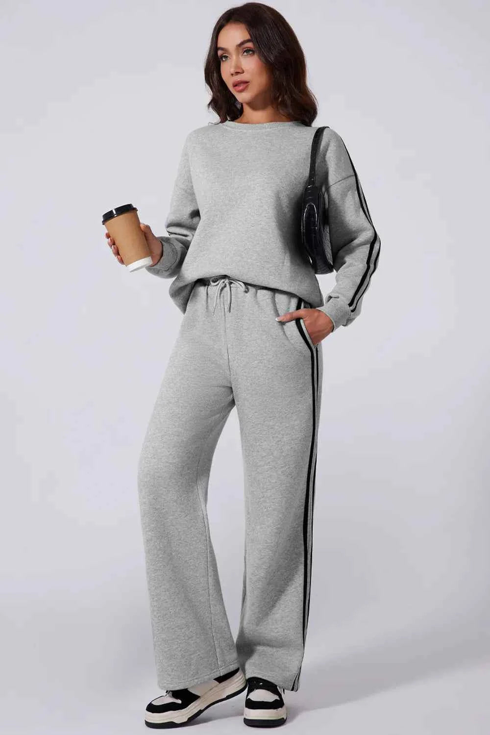 Side Striped Round Neck Active Set - Top & Pants.