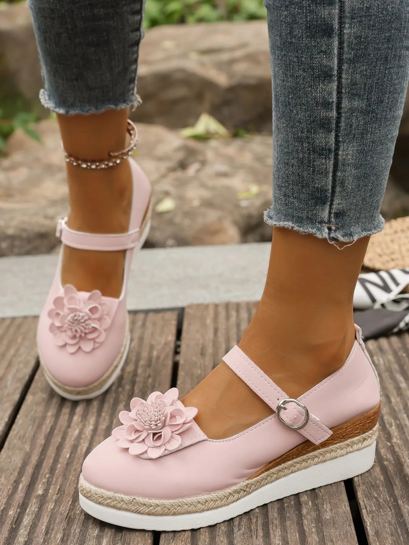 Flower Embellished Mary Jane Loafers.