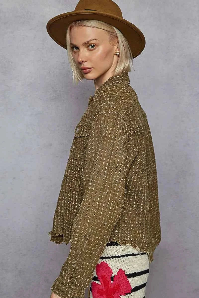 POL Raw Hem Button Up Utility Jacket with Chest Pockets.