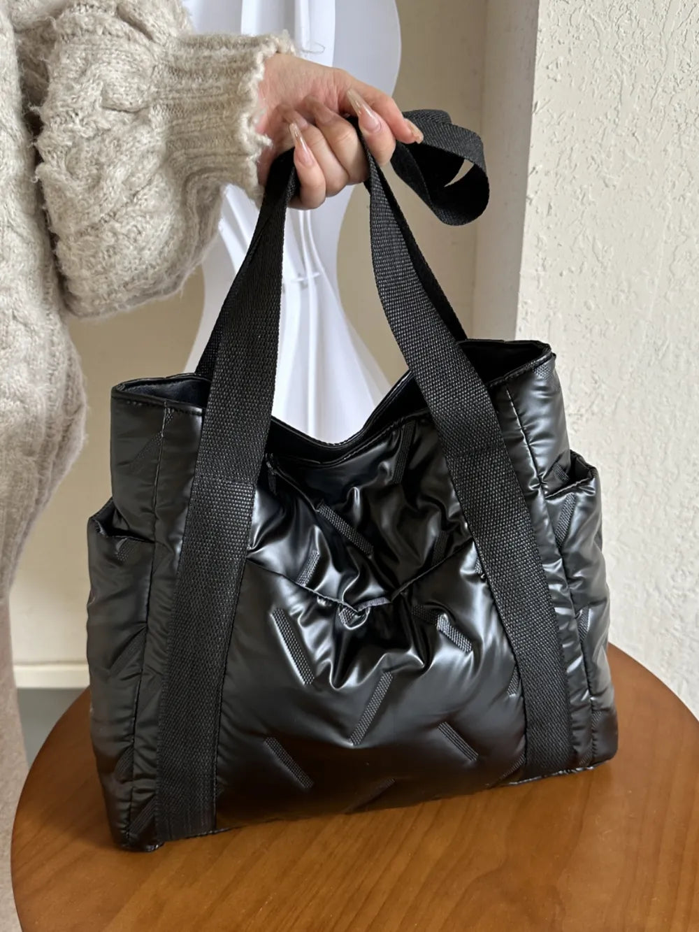 Large Solid Color Tote Bag with Side Pockets.