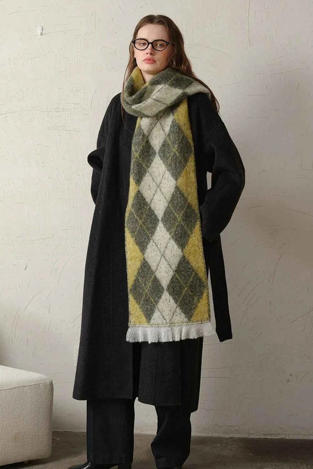 Fringe Argyle Polyester Scarf.