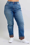 Judy Blue Plus Size Mr Plaid Print Cuff Boyfriend Jeans.