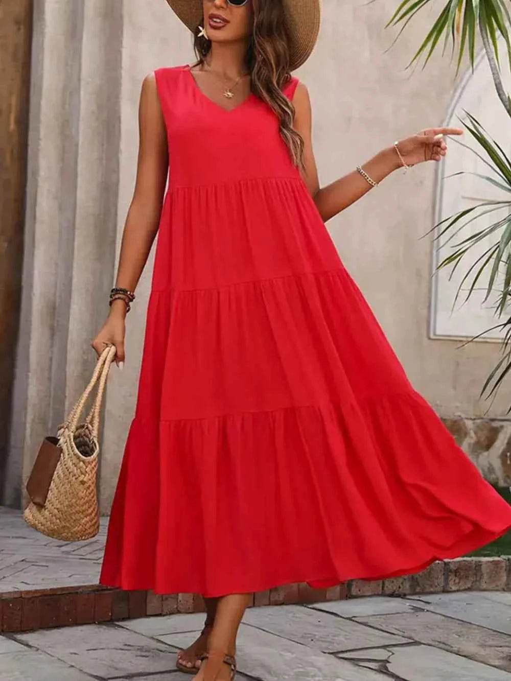 Tiered V-Neck Sleeveless Cotton Dress.