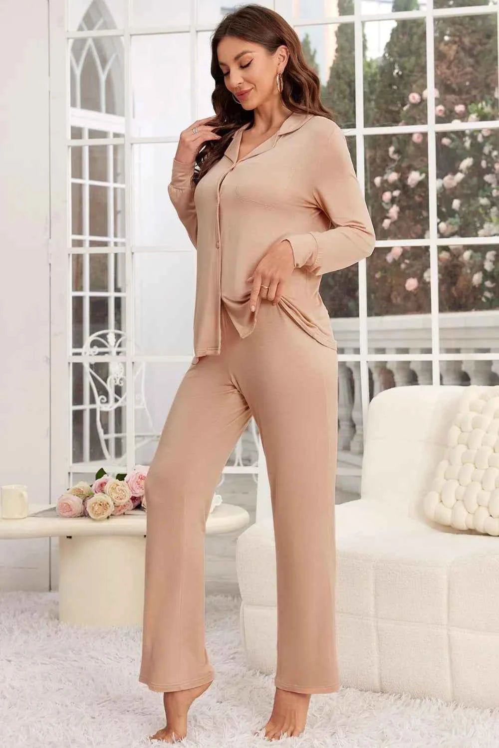 Button Up Long Sleeve Top & Pants Lounge Set.