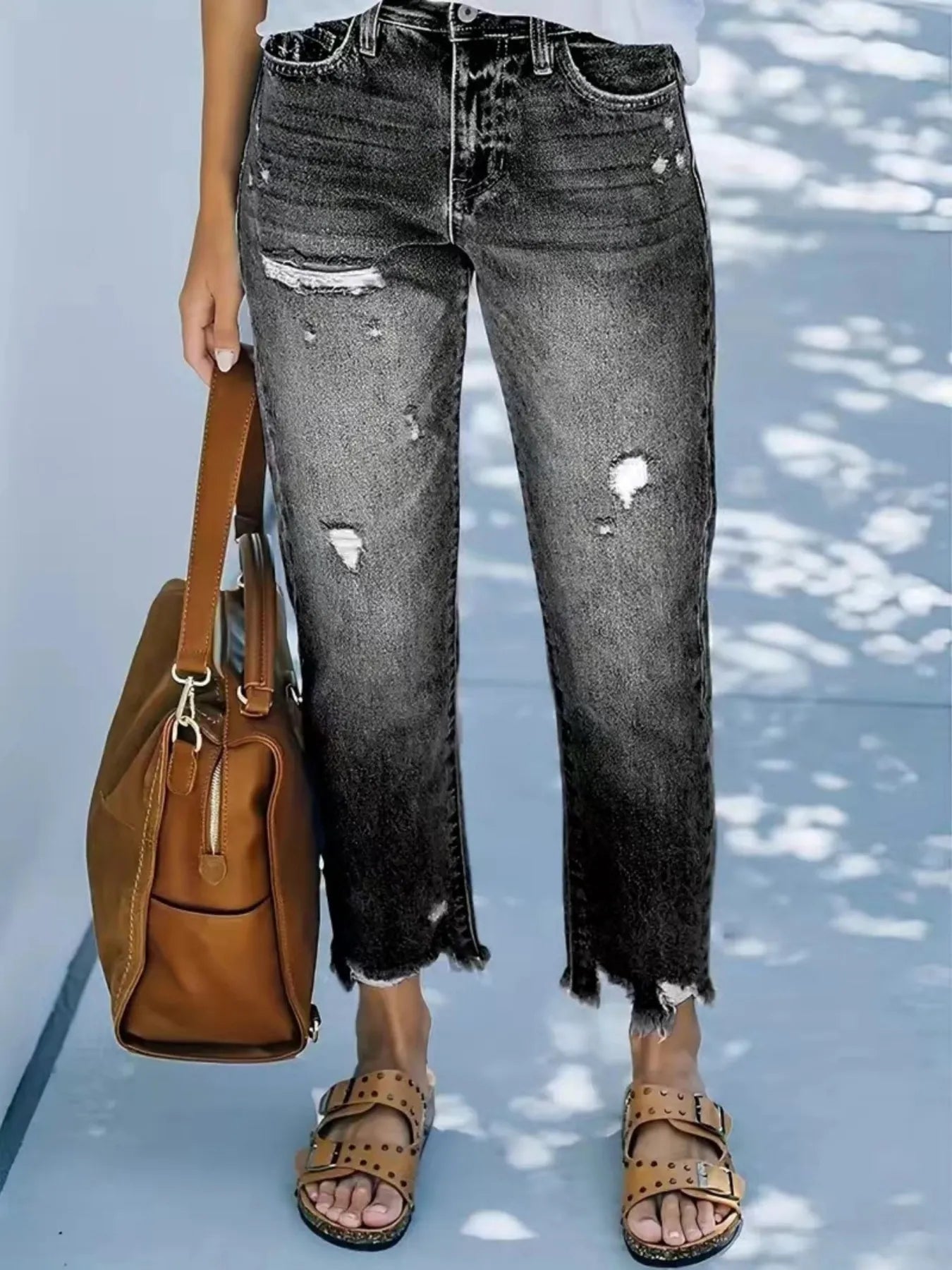 Distressed Straight Leg Jeans.