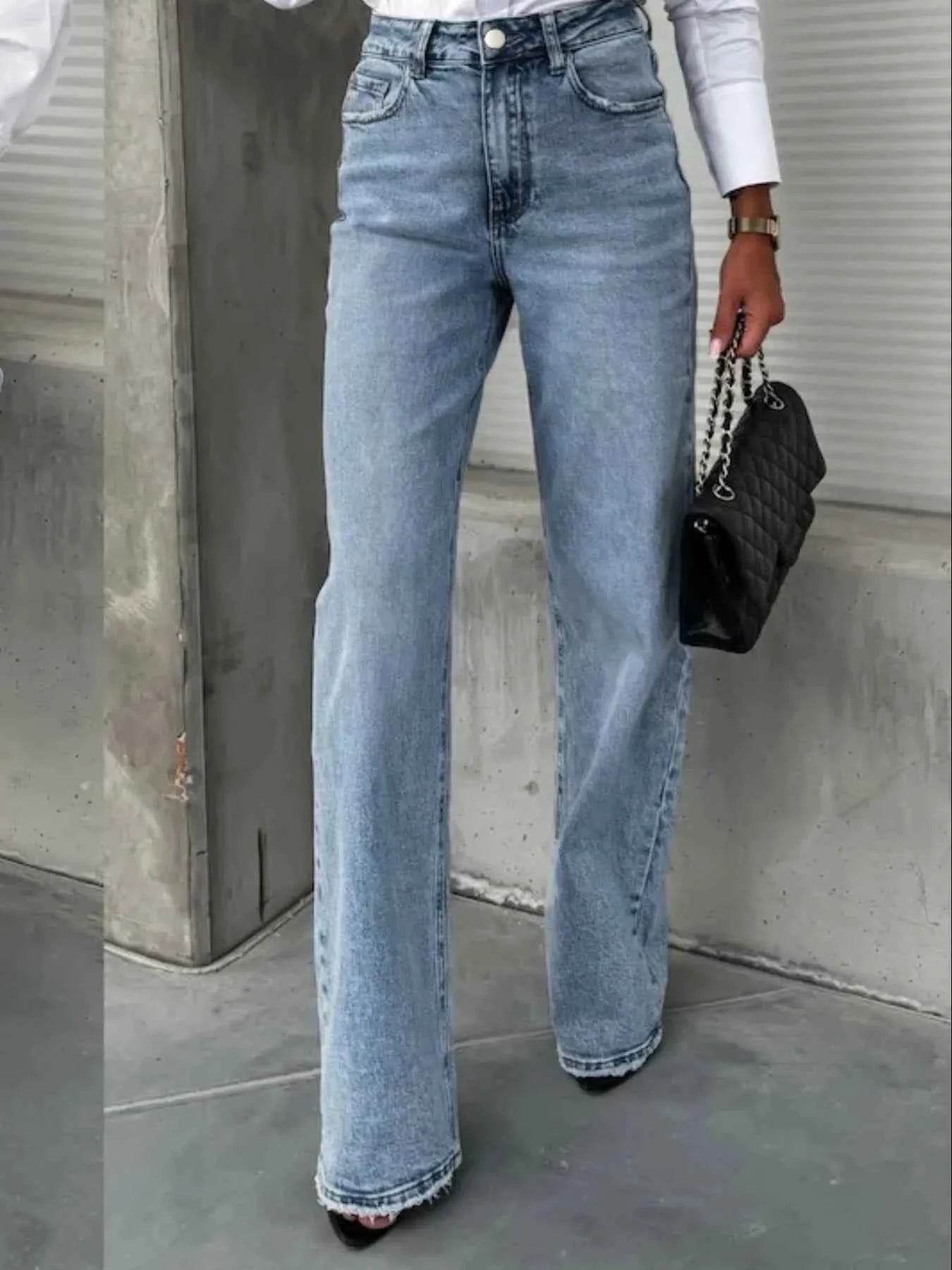 High-Waist Raw Hem Stretch Jeans.