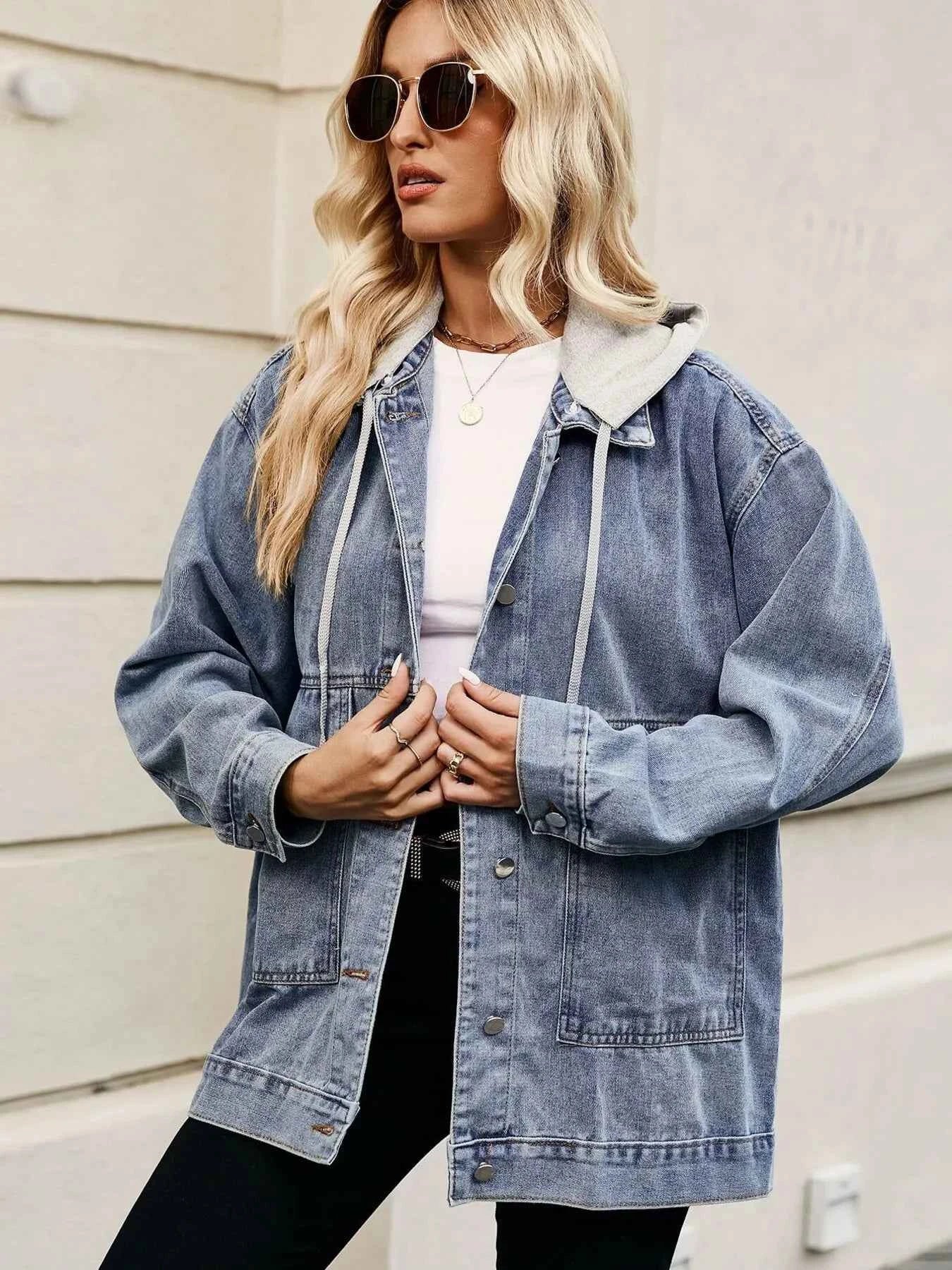 Oversized Button Up Denim Jacket with Hood.