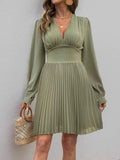 Pleated Long Sleeve V-Neck Dress.