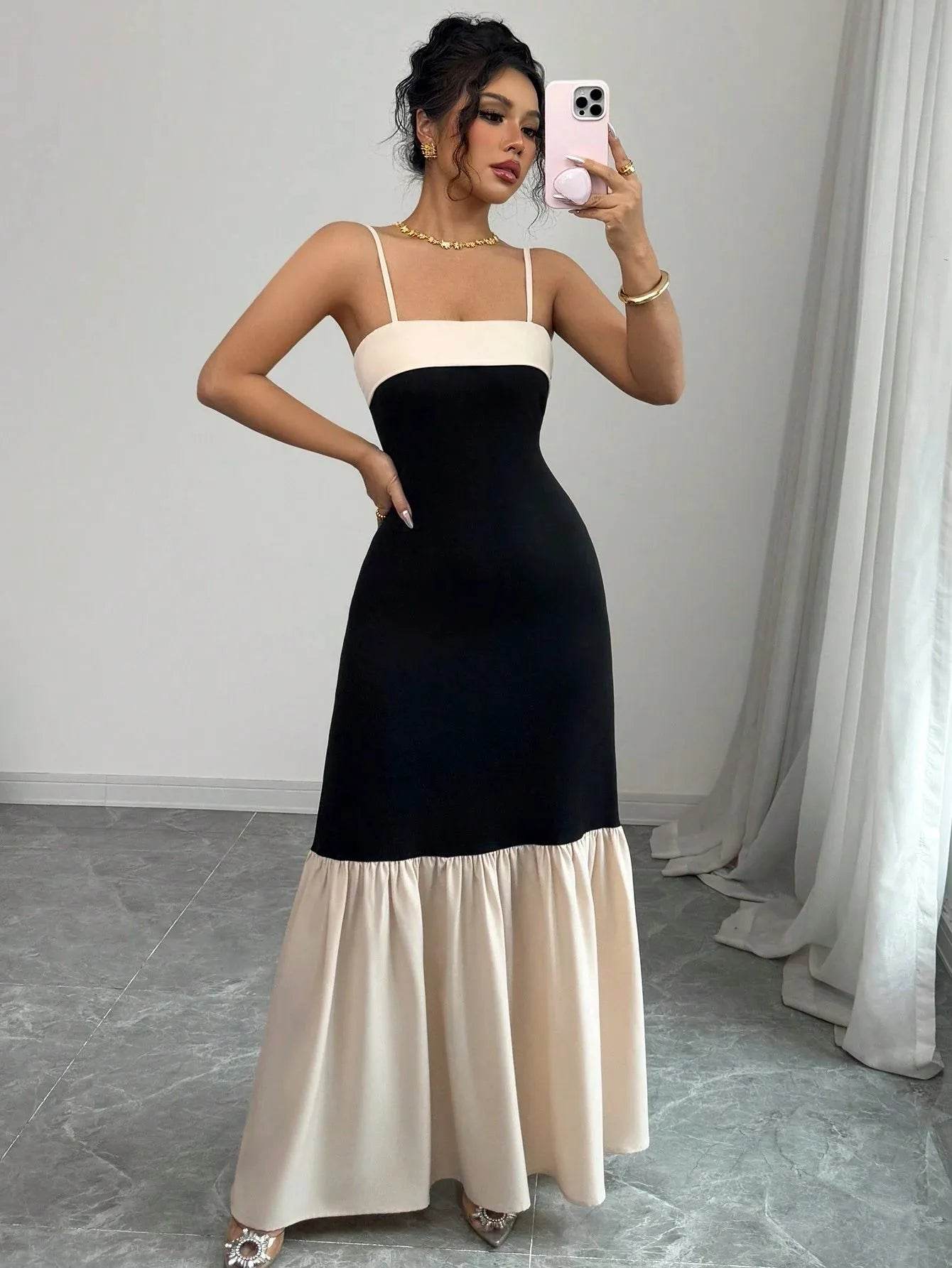 Two-Tone Spaghetti Strap Maxi Dress.