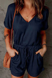 Full Size Drawstring V-Neck Short Sleeve Romper.