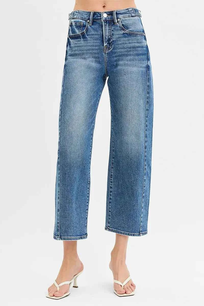 RISEN High Rise Crop Length Barrel Jeans with Adjustable Waist.