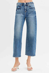 RISEN High Rise Crop Length Barrel Jeans with Adjustable Waist.