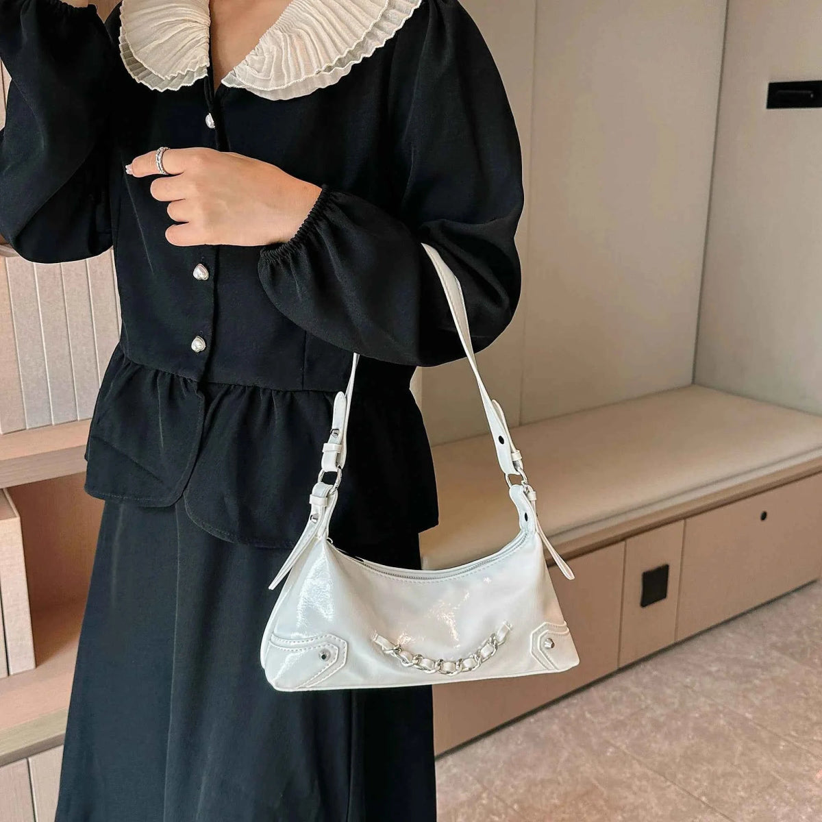 Chain Detail Small Leather Shoulder Bag.