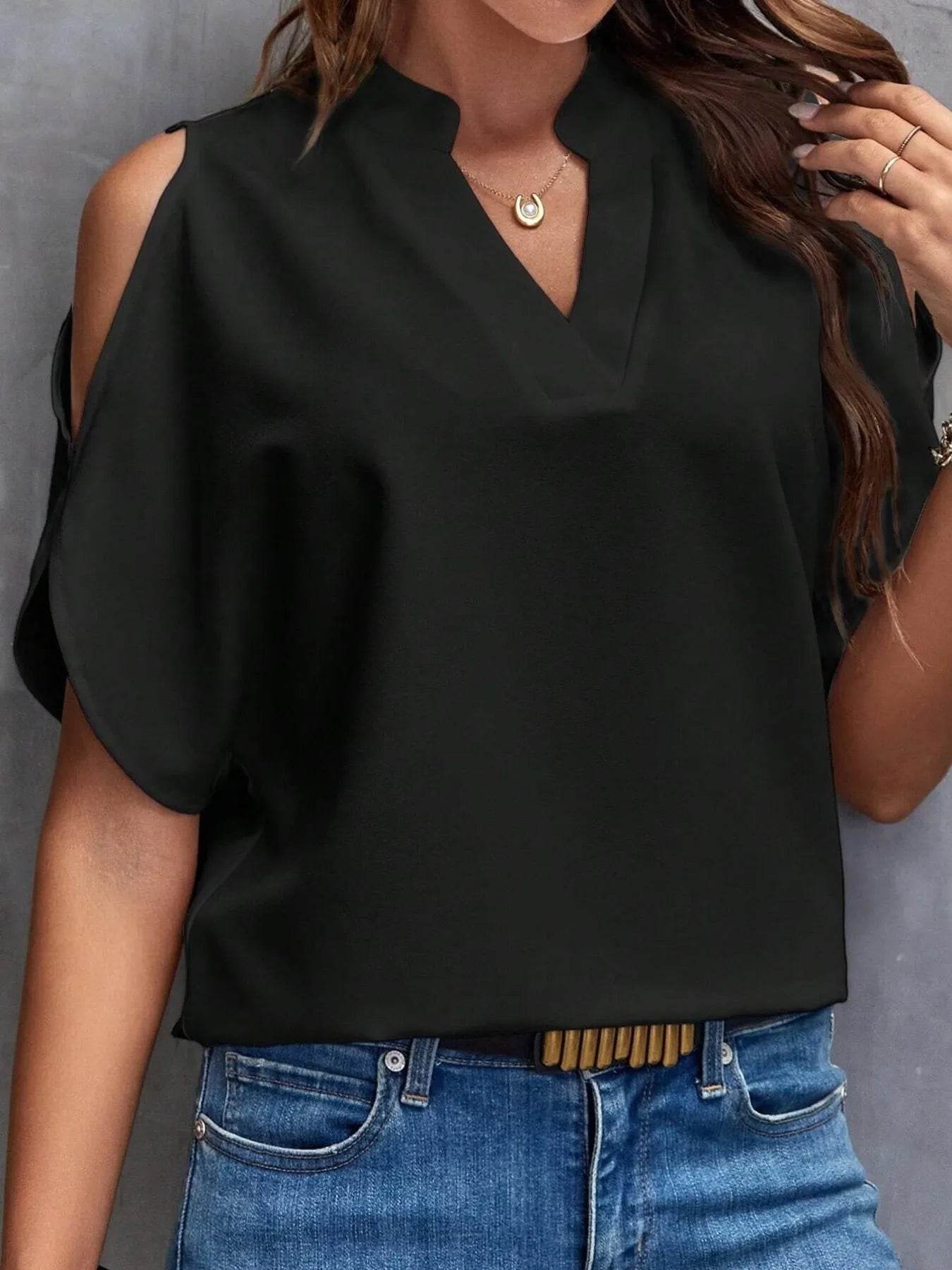 Cold Shoulder Blouse for Women - Stylish Notched Design - EBYNN