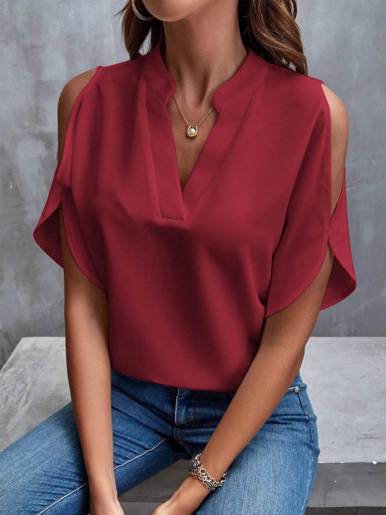 Cold Shoulder Blouse for Women - Stylish Notched Design - EBYNN