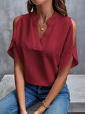 Cold Shoulder Blouse for Women - Stylish Notched Design - EBYNN