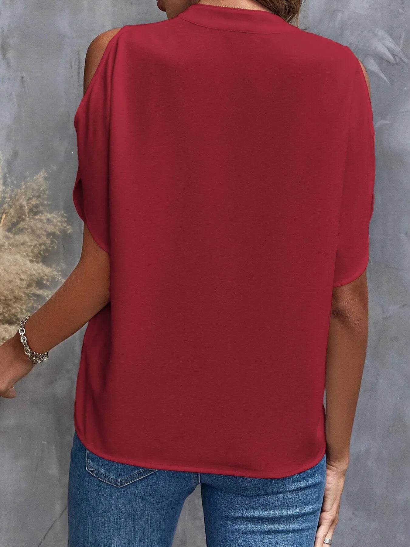 Cold Shoulder Blouse for Women - Stylish Notched Design - EBYNN