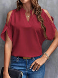 Cold Shoulder Blouse for Women - Stylish Notched Design - EBYNN
