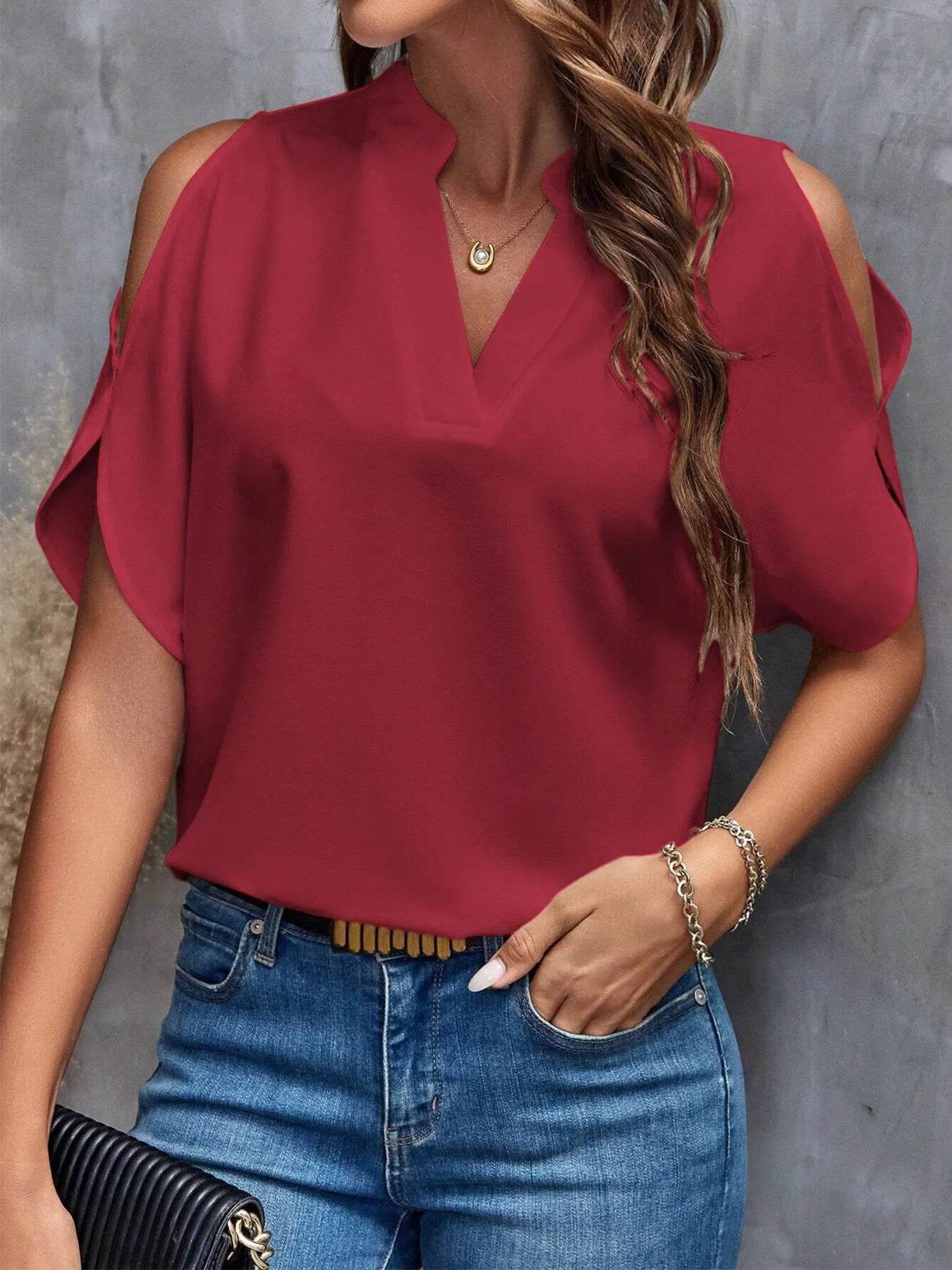 Cold Shoulder Blouse for Women - Stylish Notched Design - EBYNN
