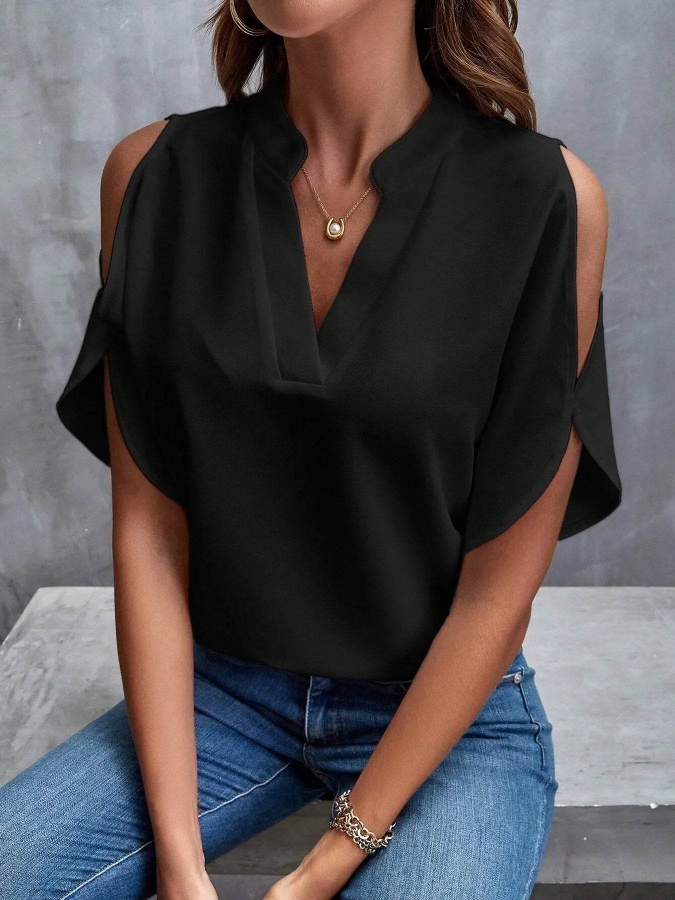 Cold Shoulder Blouse for Women - Stylish Notched Design - EBYNN
