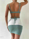 Color Block Cover Up Dress Sexy Knit Mini - EBYNN