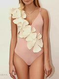 Trendsi contrast flower one-piece swimsuit featuring elegant floral accents on a soft pink background