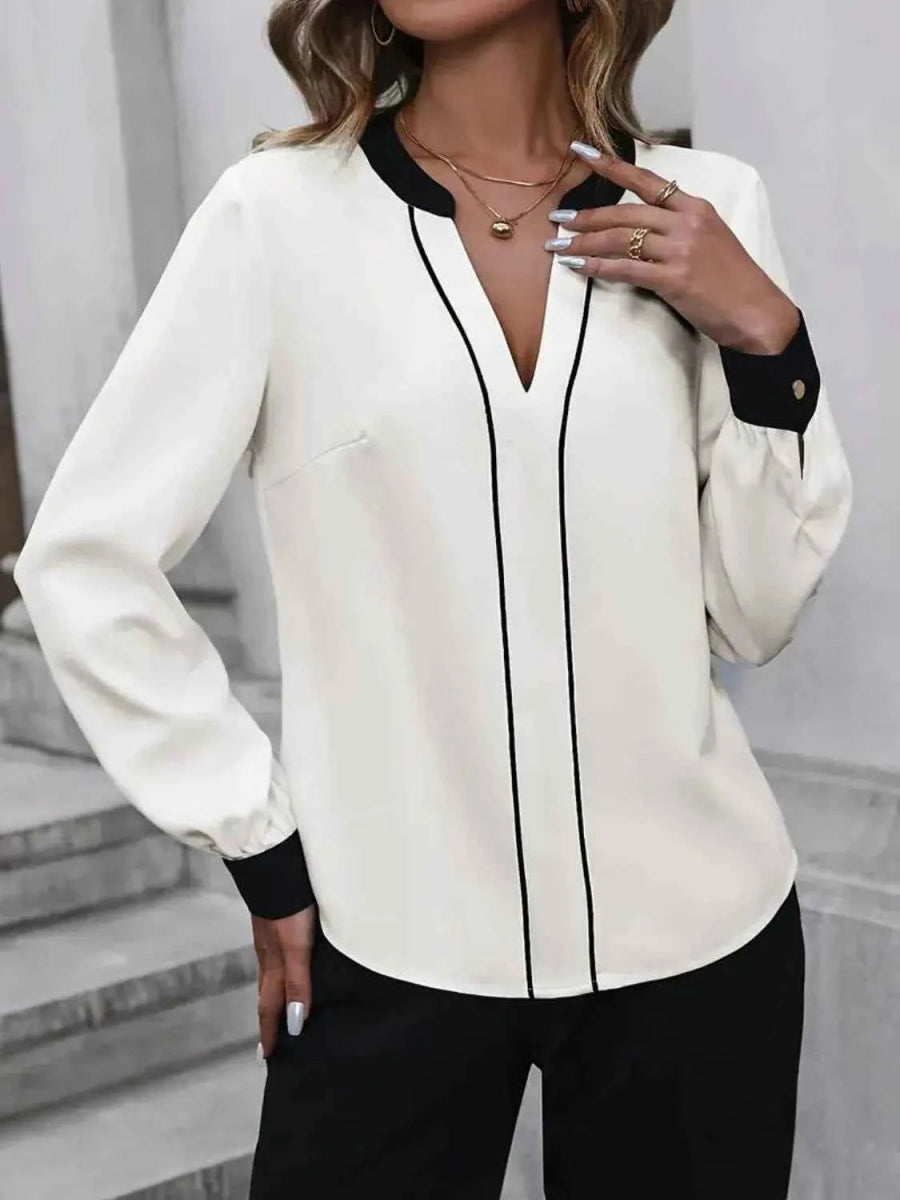 Contrast Notched Long Sleeve Blouse.