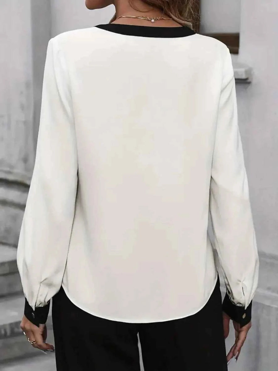 Contrast Notched Long Sleeve Blouse.