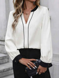 Contrast Notched Long Sleeve Blouse.