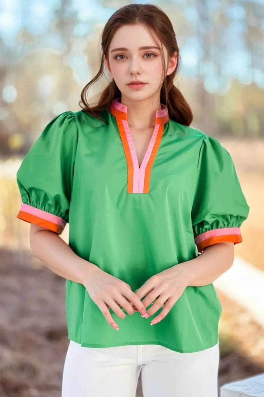 Contrast Trim Half Sleeve Blouse with Notched Design - EBYNN