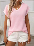 Contrast Trim V-Neck Short Sleeve Knit Top.