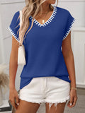 Contrast Trim V-Neck Short Sleeve Knit Top.